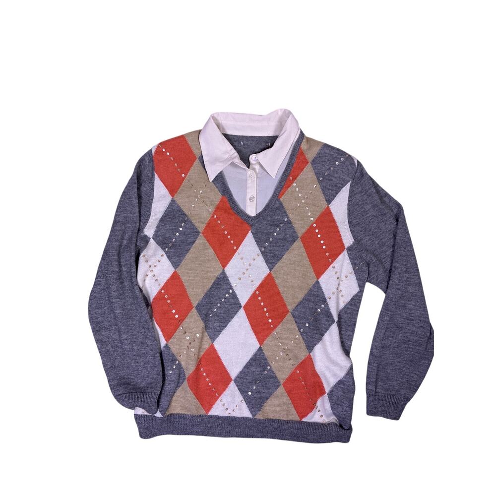 Vintage Diamond Knit Sweater Vest Sequins Preppy Womens 10/M